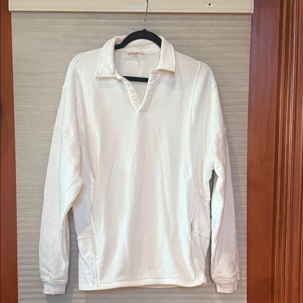 FP movement oversized White collared sweatshirt with kangaroo pouch